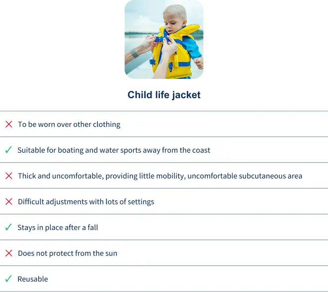 Comparison between the child anti-drowning tee-shirt and a life-jacket : The life jacket is suitable for boating and water sports, is not thick and confortable, the adjustments can be dificults, it doesn't protect from the sun