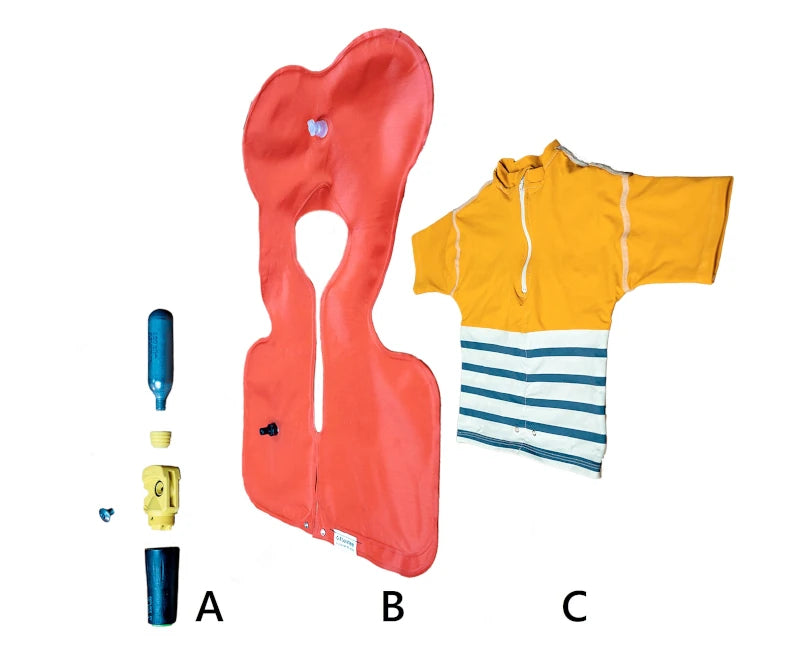 Floatee, the anti-drowning t-shirt for children, with a view of all the components (t-shirt, inflatable lung and trigger with gas cartridge and soluble detector)