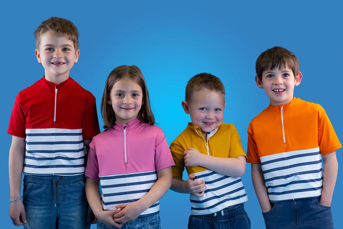Four kids wearing anti-drowning tee-shirt 