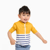 Floatee anti-drowning T-shirt for children, worn by male toddler/kid, yellow at the top and striped jersey at the bottom, short sleeves