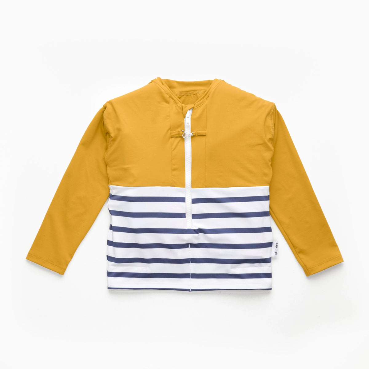 Floatee anti-drowning T-shirt for children, product alone, yellow at the top and striped jersey at the bottom, long sleeves