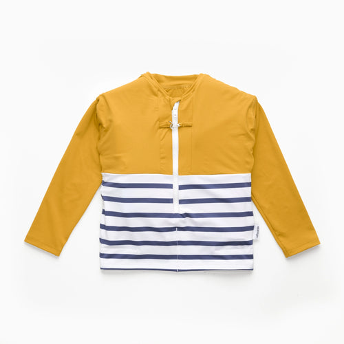 Floatee anti-drowning T-shirt for children, product alone, yellow at the top and striped jersey at the bottom, long sleeves
