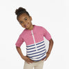 Floatee anti-drowning T-shirt for children, worn by female toddler/kid, pink at the top and striped jersey at the bottom, short sleeves