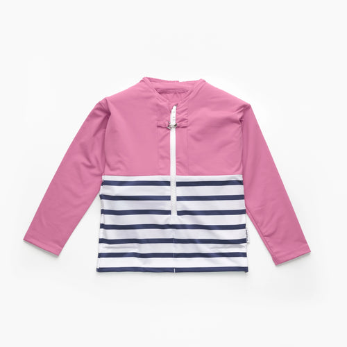 Floatee anti-drowning T-shirt for children, product alone, pink at the top and striped jersey at the bottom, long sleeves