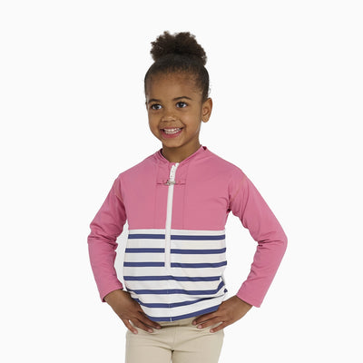 Floatee anti-drowning T-shirt for children, worn by female toddler/kid, pink at the top and striped jersey at the bottom, long sleeves