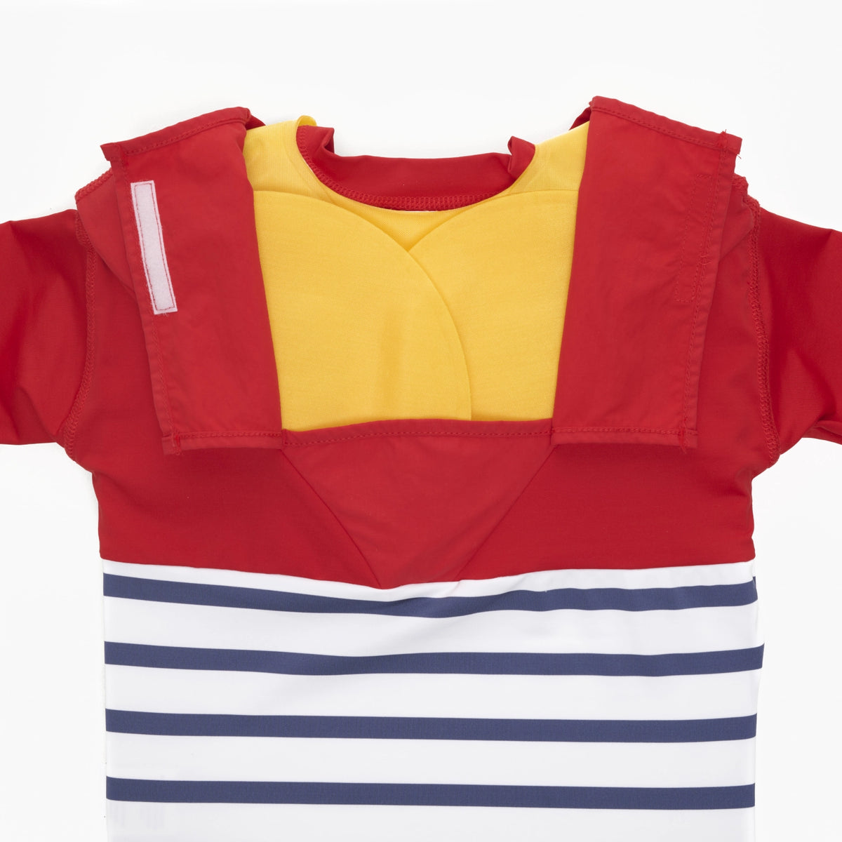 Floatee anti-drowning T-shirt for children, red at the top and striped jersey at the bottom, short sleeves, rear view showing the lifejacket part