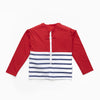 Floatee anti-drowning T-shirt for children, product alone, red at the top and striped jersey at the bottom, long sleeves