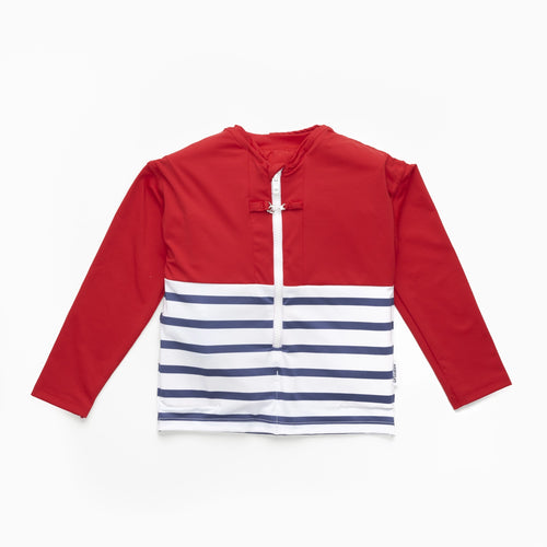Floatee anti-drowning T-shirt for children, product alone, red at the top and striped jersey at the bottom, long sleeves