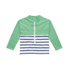 Floatee anti-drowning T-shirt for children, product alone, green at the top and striped jersey at the bottom, long sleeves