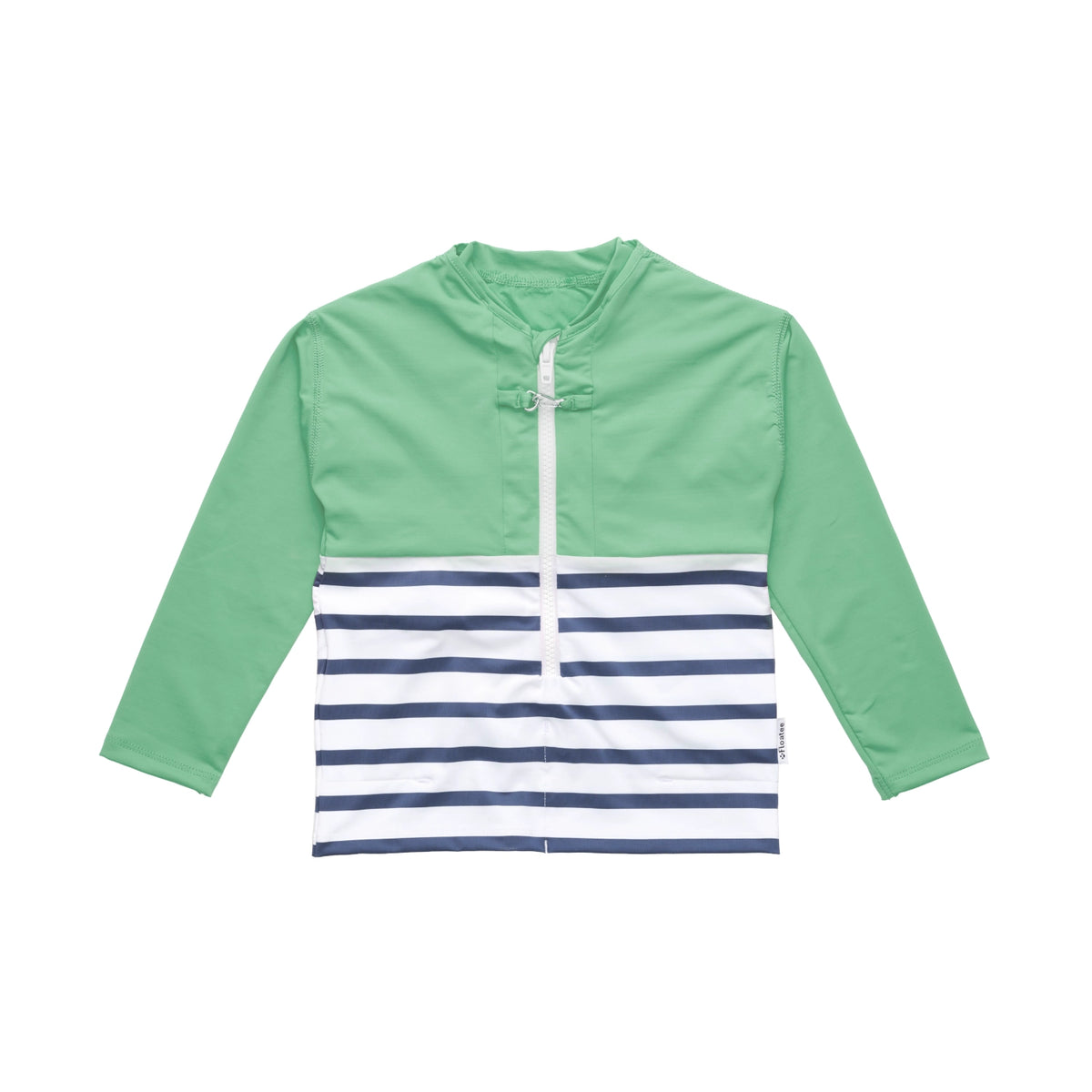 Floatee anti-drowning T-shirt for children, product alone, green at the top and striped jersey at the bottom, long sleeves