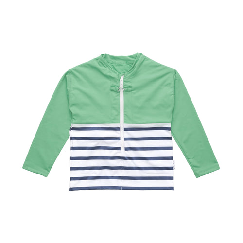 Floatee anti-drowning T-shirt for children, product alone, green at the top and striped jersey at the bottom, long sleeves