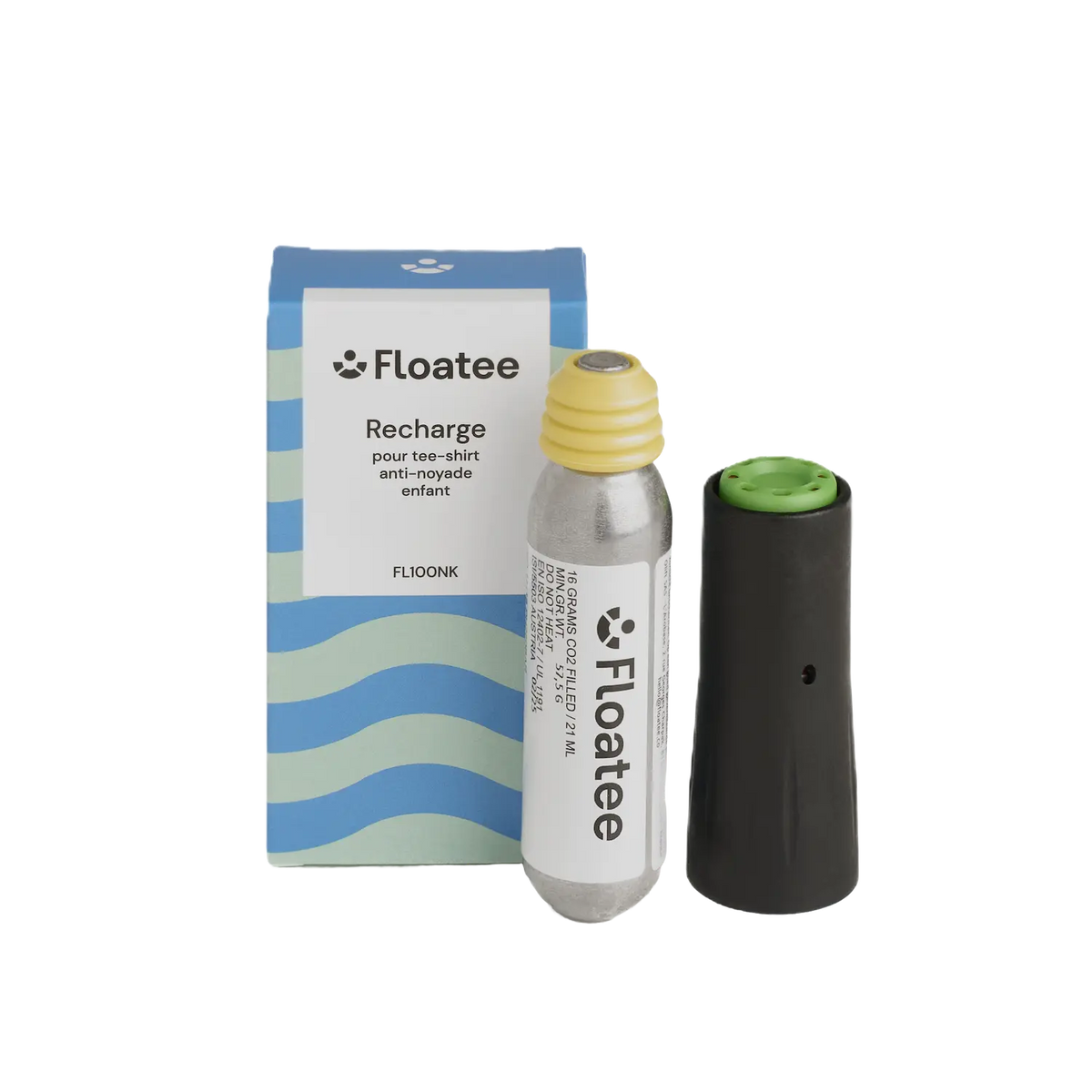Components and packaging for the Floatee recharge for anti-drowning T-shirt (child)